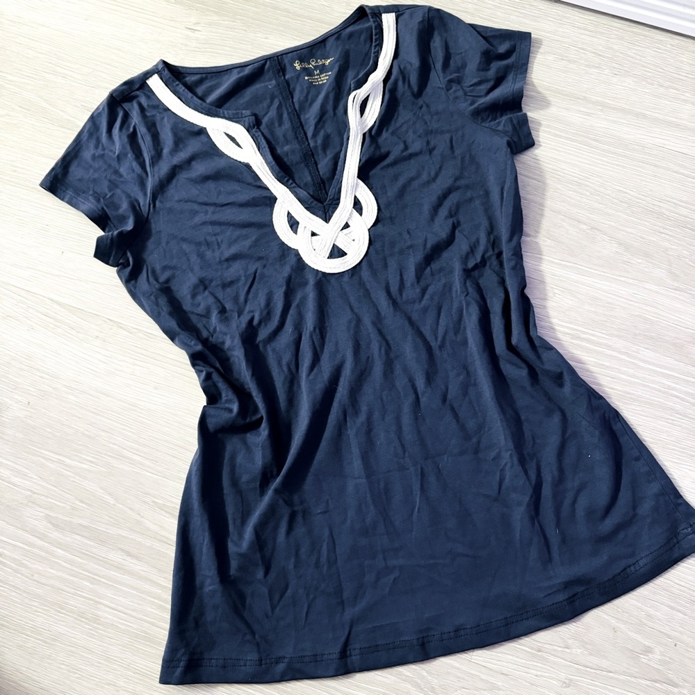 Lilly Pulitzer, short sleeve, navy blue cotton, V-neck women’s T-shirt